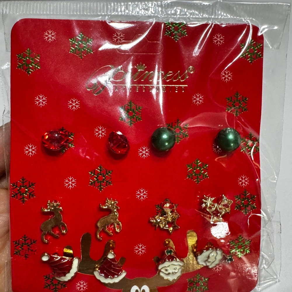 Princess Accessories Christmas Stud Earring Set 6 Pairs Reindeer Santa Red Green